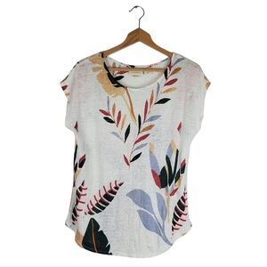 CYNTHIA ROWLEY Linen Botanical Leaf Print Short Sleeve Top Size L